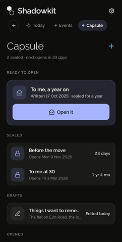 Shadowkit Capsule’s page on Home: a letter ready to open, To me, a year on, written 17 October 2025, with an Open it button; two sealed letters that open in 23 days and on 3 March 2028; and a draft, Things I want to remember.