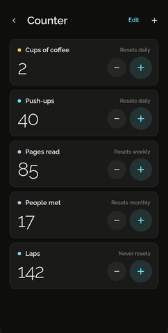 Shadowkit Counter: counter cards such as Cups of coffee 2 and Push-ups 40, each with minus and plus buttons.