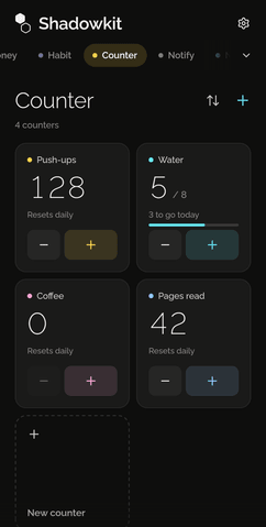 Shadowkit Counter’s page on Home: tiles for Push-ups 128, Water 5 of 8, Coffee 0 and Pages read 42, each with minus and plus, and a New counter tile.