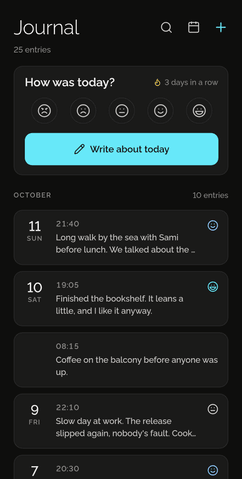 Shadowkit Journal’s page: How was today? with five mood faces, 3 days in a row and Write about today, then October’s entries.