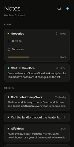 Shadowkit Notes’ page: pinned notes first, a Groceries checklist with 3 of 7 ticked and Wi-Fi at the office, then other notes such as Book notes: Deep Work.