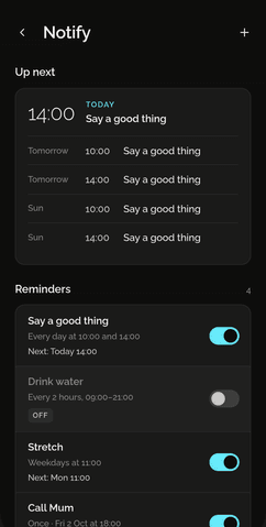 Shadowkit Notify: the next reminder, Say a good thing at 14:00, and the reminders list.