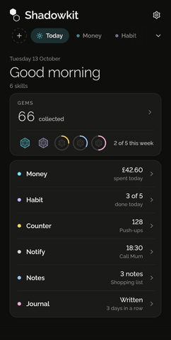 Shadowkit Home on Today: the row of skills along the top, Good morning, the Gems card with 66 collected and 2 of 5 earned this week, and a line per skill such as Money £42.60 spent today and Habit 3 of 5 done today.